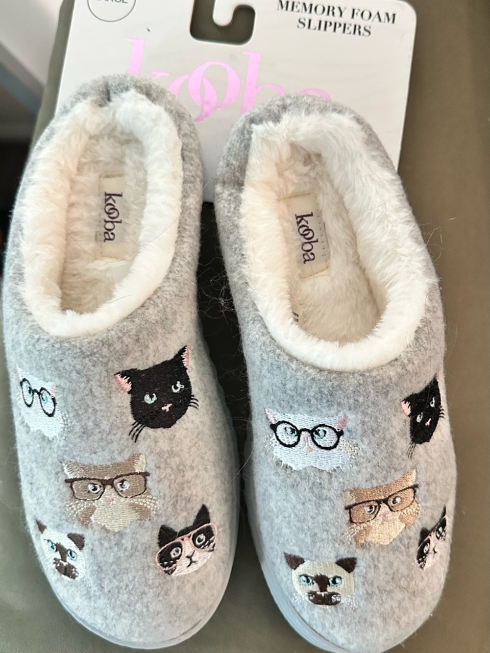 Kooba Gray Cat Embroidered Memory Foam Slippers